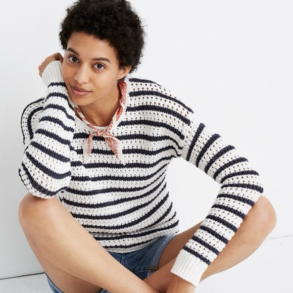 Madewell Striped Open-Stitch Austen Pullover Sweater White and Blue XS - Picture 4 of 15
